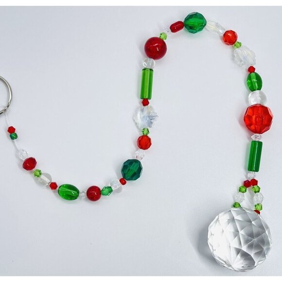 Beaded Christmas Suncatcher Red Green Clear Crystal Prism Hanging Patio Decor - Picture 5 of 10